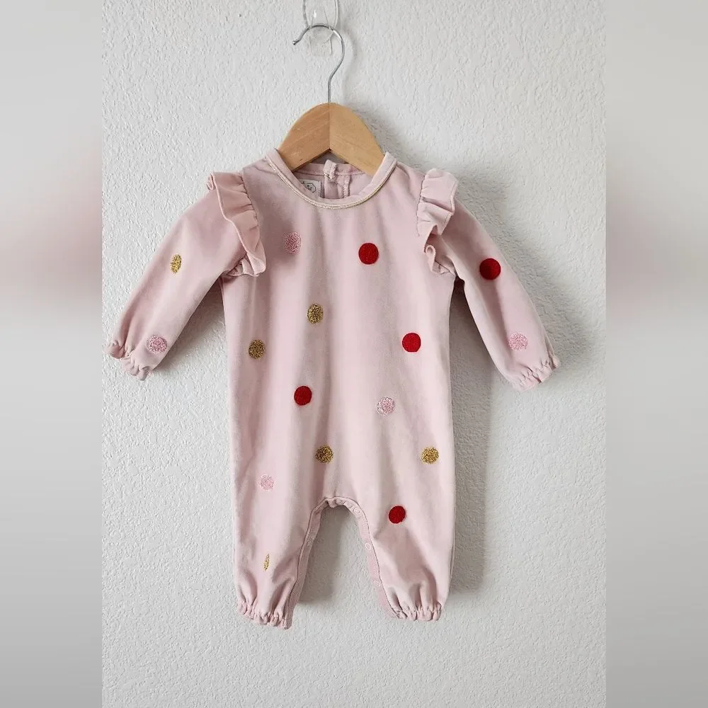 Mud Pie Pink Polka Dot Baby Velour Bodysuit Size 3-6M